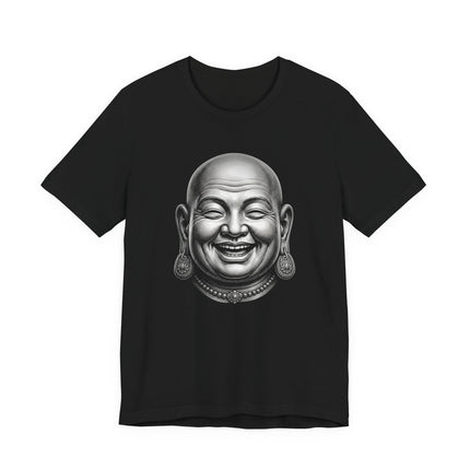 Laughing Buddha graphic tee featuring a smiling Budai illustration on a black shirt.