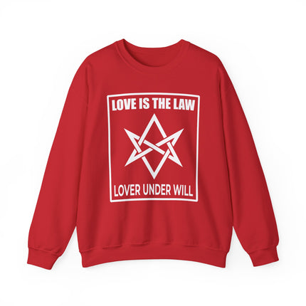 Red sweatshirt featuring "Love Is The Law" and the Star of Babalon heptagram symbol.