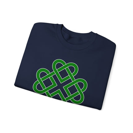 Green Celtic knot clover graphic on a navy blue unisex sweatshirt.