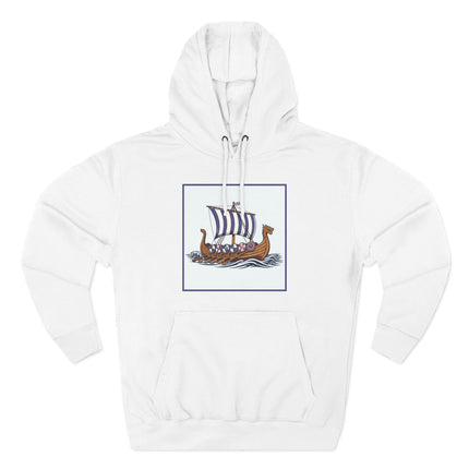 Viking longship graphic featuring Norse mythology, striped sails, and a journey across the water.