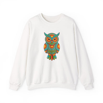 Vibrant Huichol owl sweatshirt featuring Mexican folk art, desert cactus, and colorful pullover design.