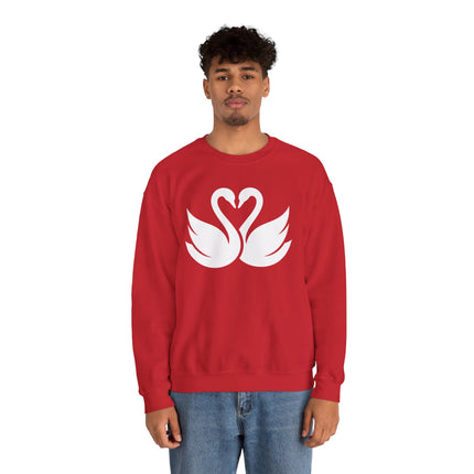 Swans forming a heart on a red love birds sweatshirt.