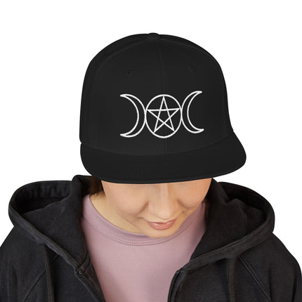 Embroidered triple moon and pentagram snapback cap for pagan and wiccan goddess style.