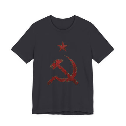 Red distressed hammer and sickle star communist symbol on a dark t-shirt.
