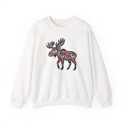 Northwest Coast art moose design on an indigenous pullover sweatshirt.