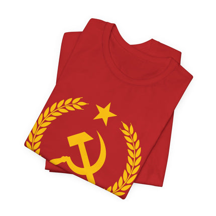 Communist hammer and sickle emblem on a red t-shirt with laurel wreath design.