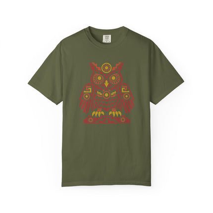 Aztec Owl T-Shirt | Rust Red Geometric Bird with Gold Eye Details Tee