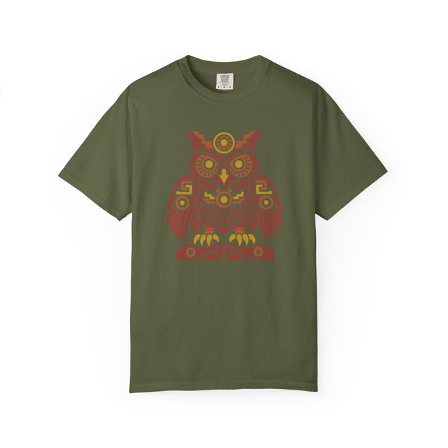 Aztec Owl T-Shirt | Rust Red Geometric Bird with Gold Eye Details Tee