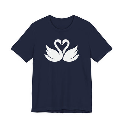 Swans forming a heart graphic tee, symbolizing love and romance for couples.