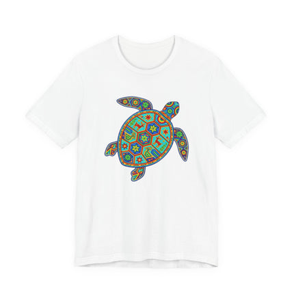Colorful Huichol sea turtle graphic tee featuring vibrant Mexican folk art design.