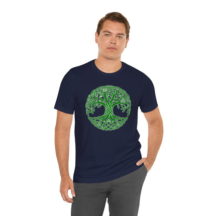 Celtic Tree of Life knotwork design in green on a navy t-shirt.