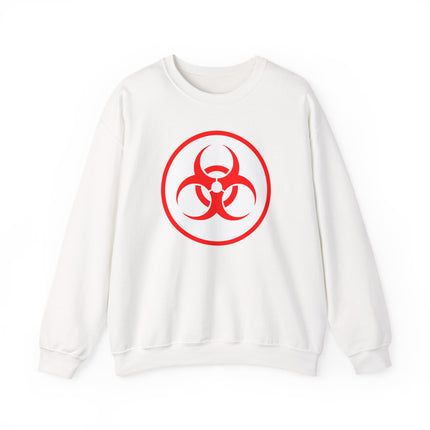 Black sweatshirt featuring a bold red biohazard symbol warning graphic print.