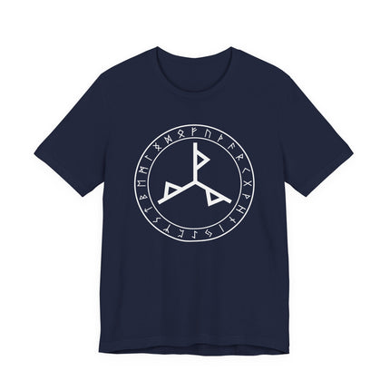 Norse bind rune graphic tee featuring ancient runes and Viking sigils on a dark shirt.