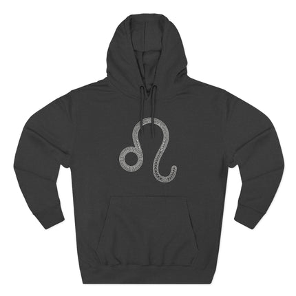 Intricate Leo zodiac sign symbol on a black astrology pullover hoodie.