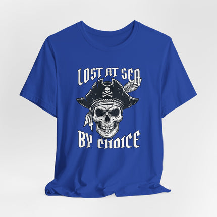 Lost At Sea By Choice pirate skull graphic t-shirt design on blue fabric.