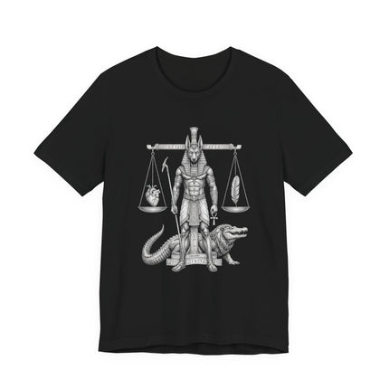 Anubis god weighing the heart on the scales of justice, Egyptian mythology art print.
