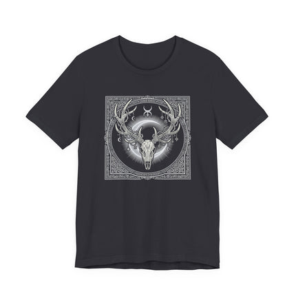 Celtic Stag Skull Art T-Shirt - Tribal Antler Crown with Moon Design