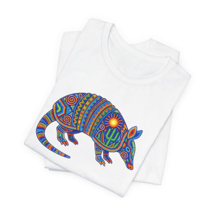 Vibrant Huichol Mexican folk art armadillo graphic tee shirt design.