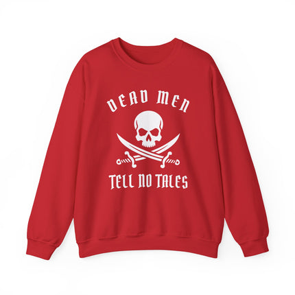 Dead Men Tell No Tales pirate skull and swords graphic on a red unisex sweatshirt.