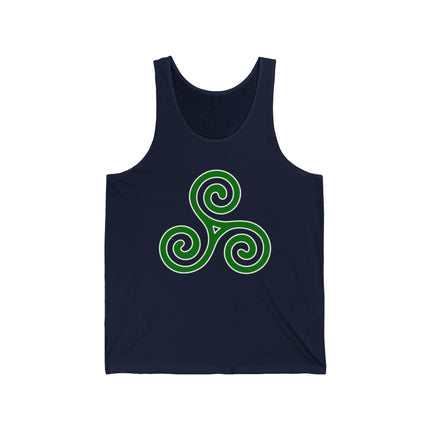 Green Celtic Triskelion spiral symbol on a navy blue unisex tank top.
