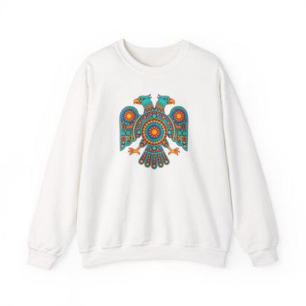 Vibrant two-headed eagle pullover featuring authentic Huichol Mexican indigenous art design.