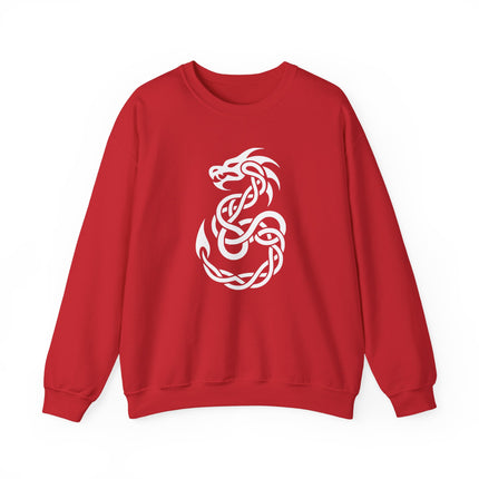 Celtic dragon knotwork graphic on a red pullover sweatshirt.