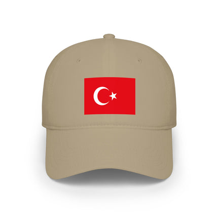 Turkish flag baseball cap on tan fabric. Show national pride and support for Turkey.