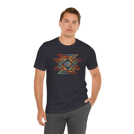 Southwestern geometric butterfly design tee featuring vibrant tribal art patterns.