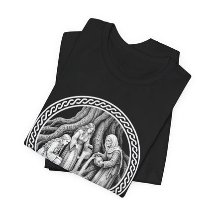 Norns weaving fate under Yggdrasil. Norse mythology graphic tee featuring Nordic fate weavers.