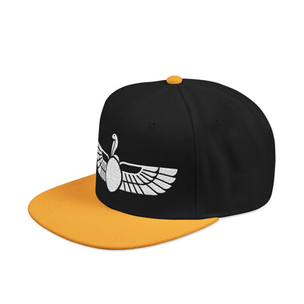 Black snapback hat featuring an embroidered Egyptian winged Uraeus symbol.