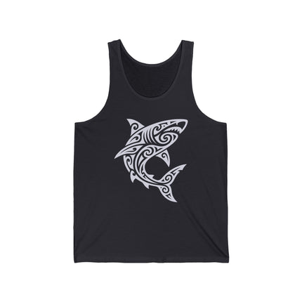White tribal shark graphic with Maori Polynesian style art on a black tank top.