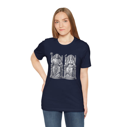 Classical Zeus and Hera Greek gods art print on a navy t-shirt.