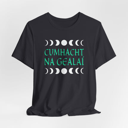 Irish "Power of the Moon" t-shirt featuring the lunar cycle and Celtic design.