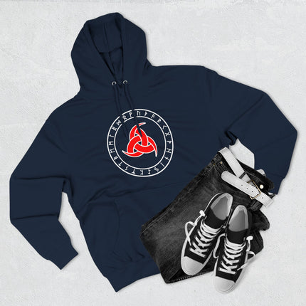 Norse runes and Odin's horns graphic on a dark blue Viking hoodie.