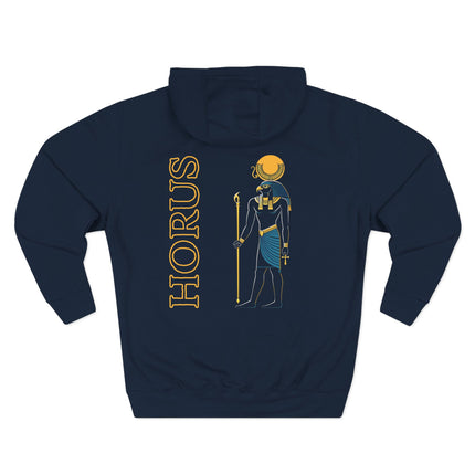 Horus Egyptian god graphic on a navy hoodie. Features the falcon deity and name in gold.