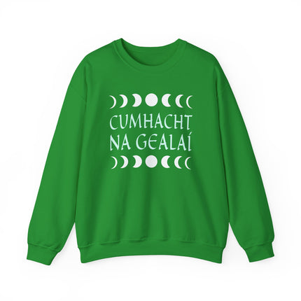 Irish moon phase sweatshirt featuring Cumhacht Na Gealaí text and celestial symbols.
