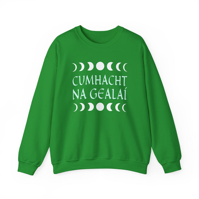 Irish moon phase sweatshirt featuring Cumhacht Na Gealaí text and celestial symbols.