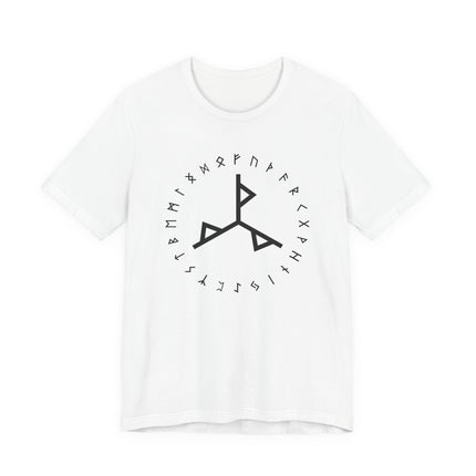Norse bind rune and Elder Futhark runes graphic t-shirt. Viking symbol tee featuring runic alphabet.
