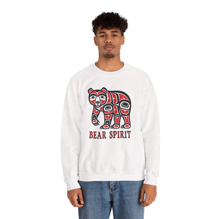 White sweatshirt featuring a stylized Bear Spirit graphic in indigenous formline art style.