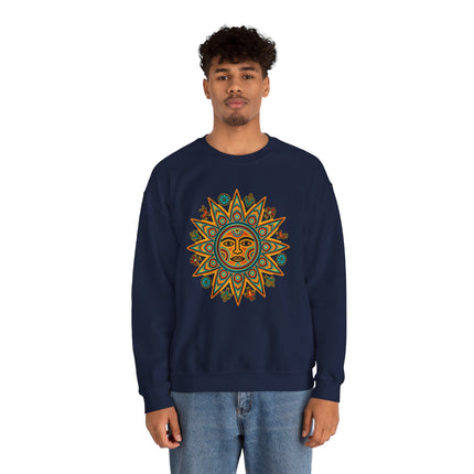Vibrant Mesoamerican sun god graphic on a navy blue pullover sweatshirt.