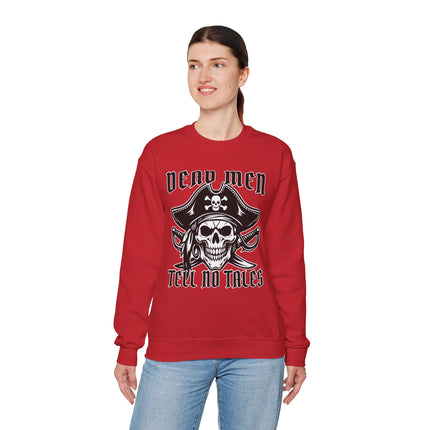 Red pirate skull sweatshirt with "Dead Men Tell No Tales" graphic.