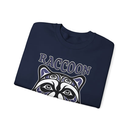 Tribal raccoon spirit artwork printed on an indigenous style pullover sweatshirt.