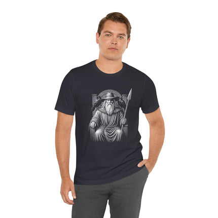 Odin, the Norse Allfather, graphic illustration on a t-shirt. Detailed depiction of the Viking god.