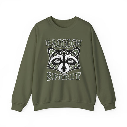 Raccoon tribal art graphic on a sweatshirt, featuring formline indigenous spirit design.