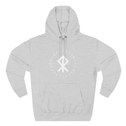 Bind Rune graphic hoodie with Norse Elder Futhark runes and Viking symbols.