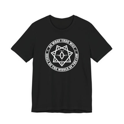 Thelema "Do What Thou Wilt" occult t-shirt featuring the hexagram and magical law.