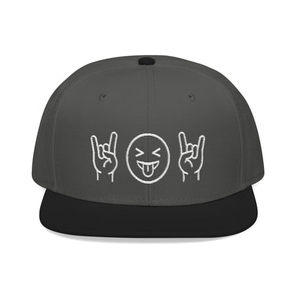 Grey snapback cap with embroidered rock hand signs and playful emoji face design.