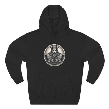 Odin Norse mythology graphic featuring ravens in a circular Viking emblem design.