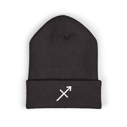 Sagittarius Symbol Cuffed Beanie | Embroidered White Zodiac Arrow Design