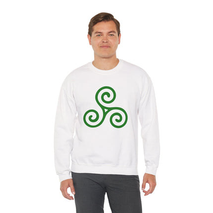 Green Celtic Triskelion spiral knotwork graphic on a white sweatshirt.